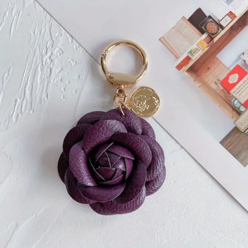 NWT Deep Purple Leather Camellia Bag or Key Charm